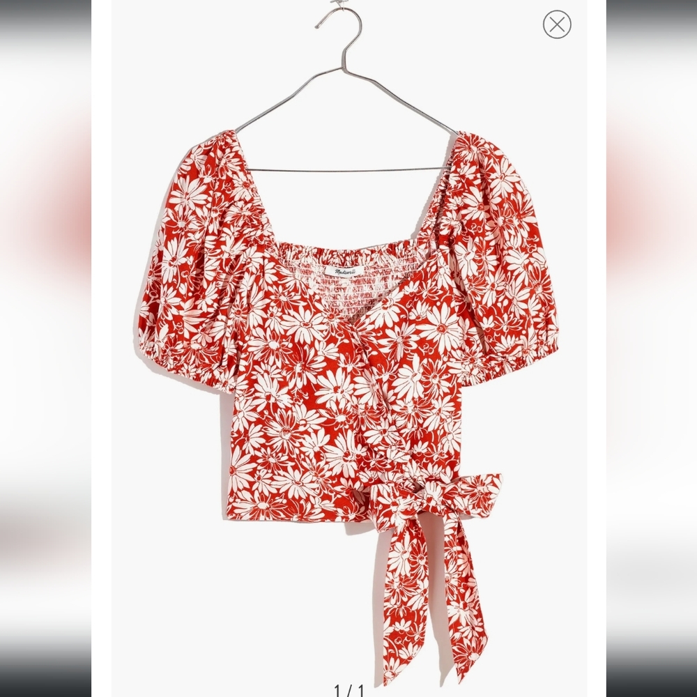 Abstract Floral Sweetheart Puff Sleeve Linen Blend Wrap Top